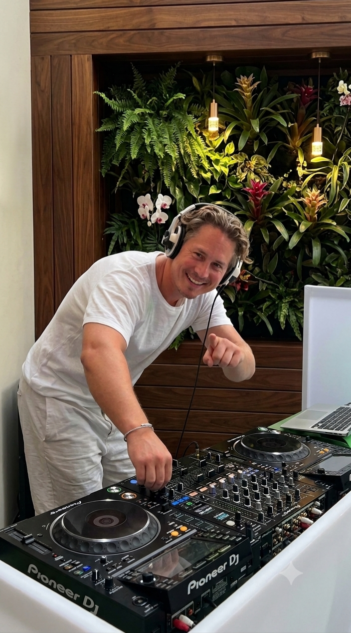 Manuel, DJ manulive, lachend am DJ-Pult bei einem Firmenevent